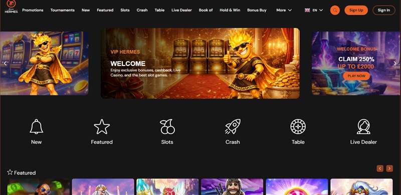 Casino Hermes homepage with VIP Hermes branding, pound-denominated offers and euro-denominated winners