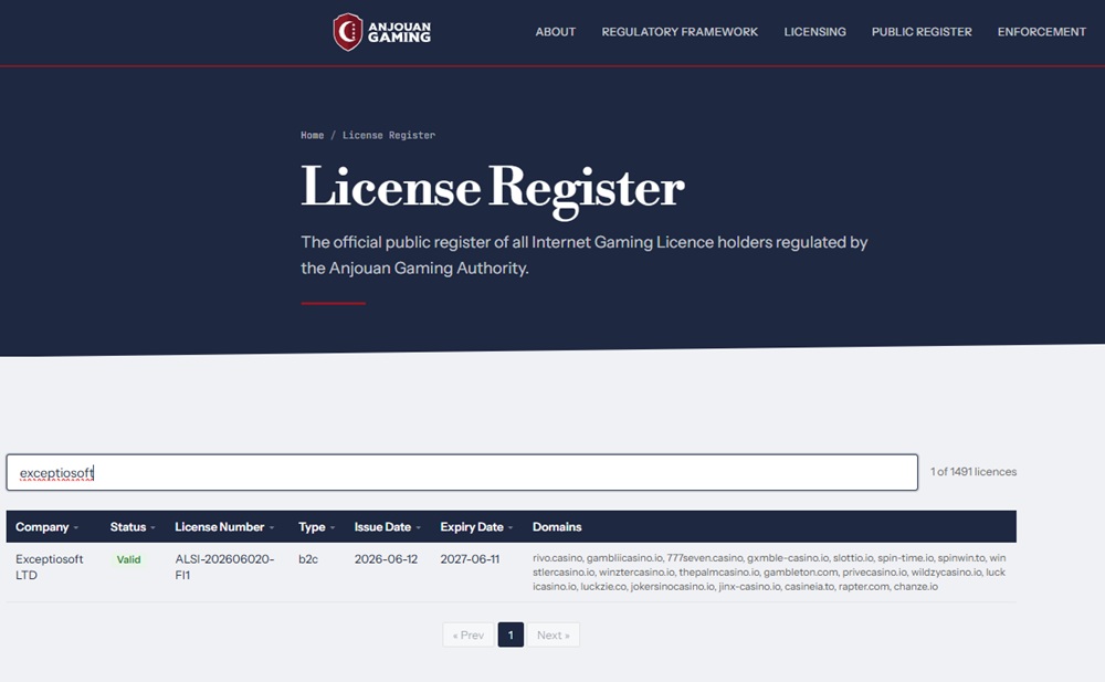 Anjouan Gaming register entry for Exceptiosoft Ltd listing twenty domains including chanze.io