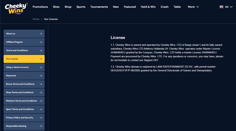 Cheeky Wins licence page naming Cheeky Wins LTD and Lava Entertainment under Master License 34389464EU