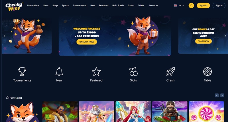 Cheeky Wins homepage with the winking fox mascot presenting the welcome package banner