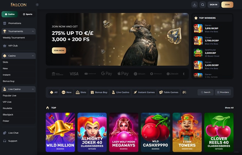 Falcon Casino homepage showing crowned falcon banner, welcome package and winners ticker
