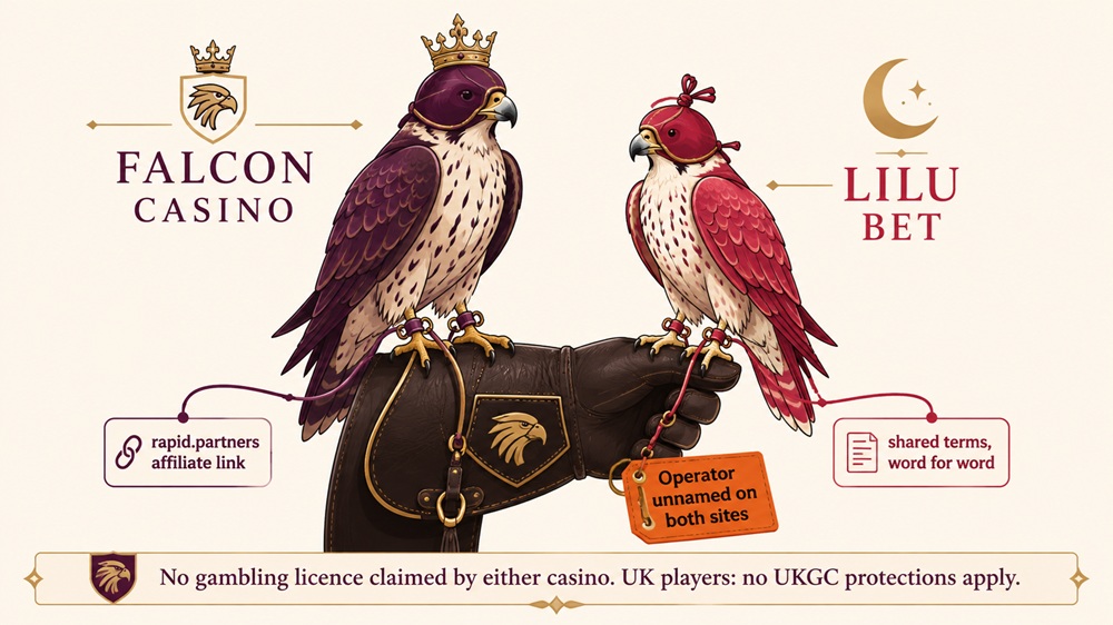 Diagram of two falcons on one gauntlet showing the unnamed operator connecting Falcon Casino and Lilu Bet
