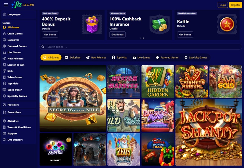 Fiz Casino homepage showing the 400% deposit bonus banner and games grid
