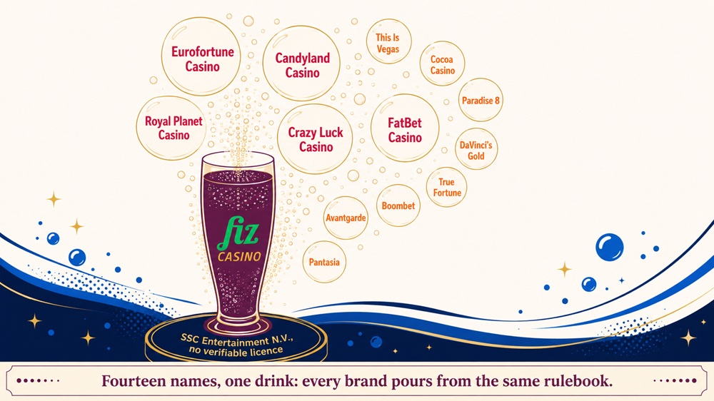 Diagram of a fizzy glass with bubbles naming Fiz Casino's thirteen sister sites above an SSC Entertainment label