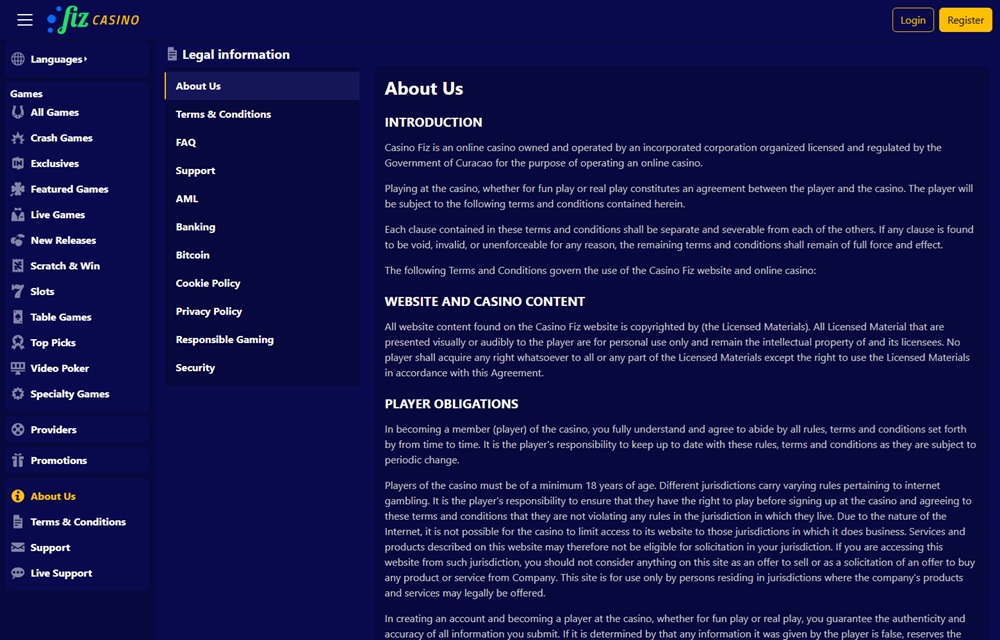 Fiz Casino About Us page naming no operating company and stating a minimum age of 18