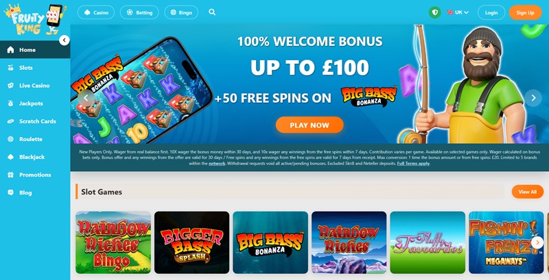 Fruity King homepage showing Big Bass fisherman banner and 100 percent welcome bonus with 10x terms