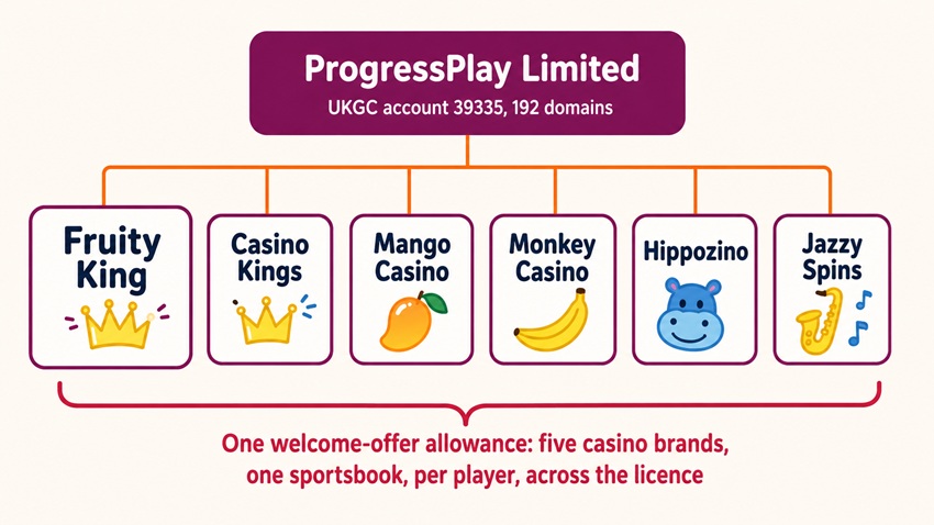 Diagram of the ProgressPlay licence showing Fruity King and five sister sites sharing one welcome-offer allowance