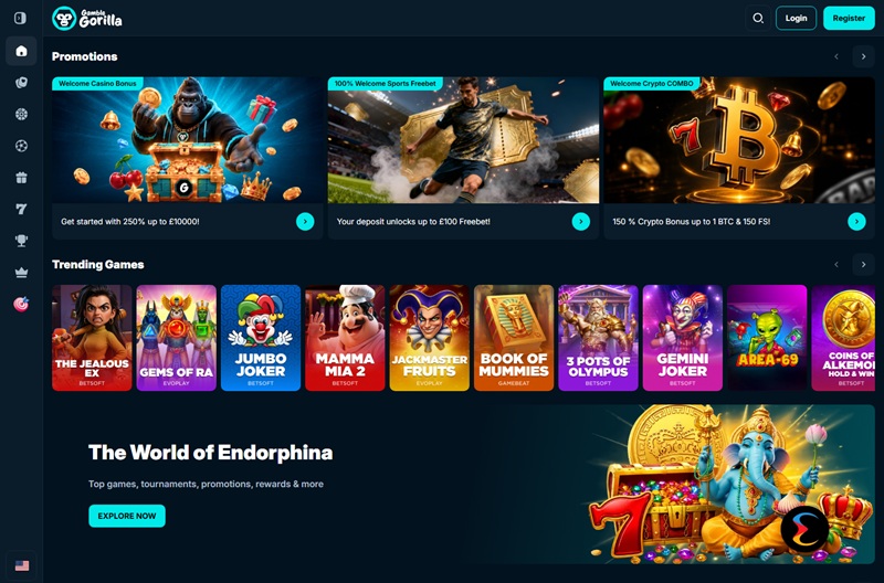 Gamble Gorilla homepage showing gorilla mascot banner, promotions and games grid