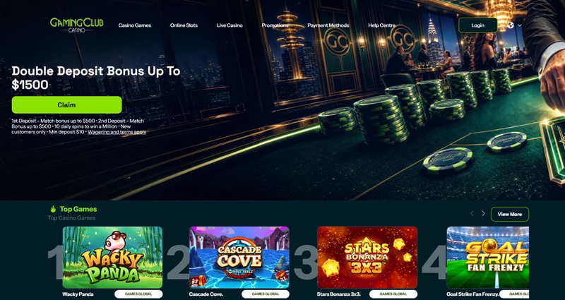 Gaming Club Casino homepage advertising a double deposit welcome bonus