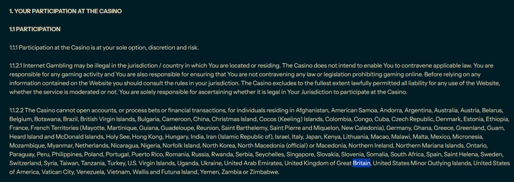 Gaming Club terms and conditions listing the United Kingdom among restricted jurisdictions