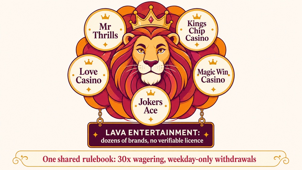 Cartoon lion diagram showing Golden Lion's mane made of Lava Entertainment sister casino medallions