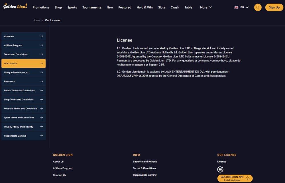 Golden Lion licence page showing two different unverifiable licence claims in consecutive clauses