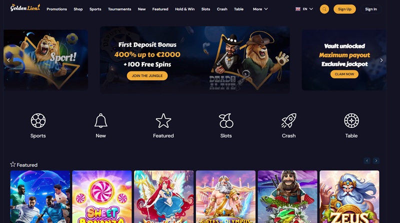 Golden Lion homepage showing sheriff lion mascot and 400 percent first deposit bonus banner