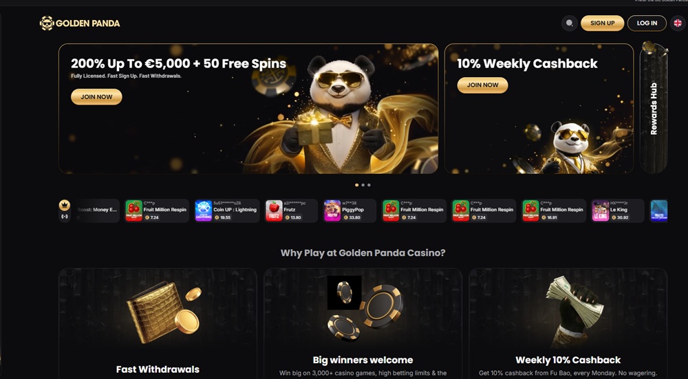 Golden Panda homepage with gold-suited panda mascot, welcome banner and link to the old version of the site