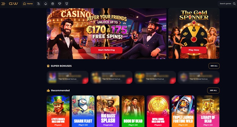 Goldwin homepage showing gold on black theming, bonus tiles and the Spin to Win wheel