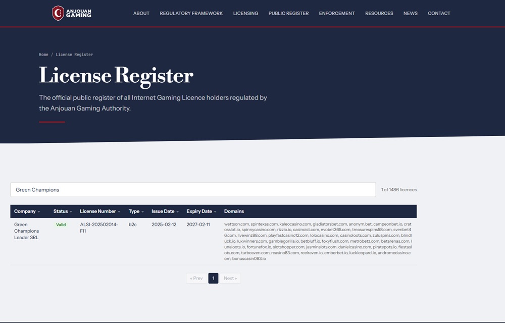 Anjouan register entry for Green Champions Leader SRL showing betbluff.io among 39 domains