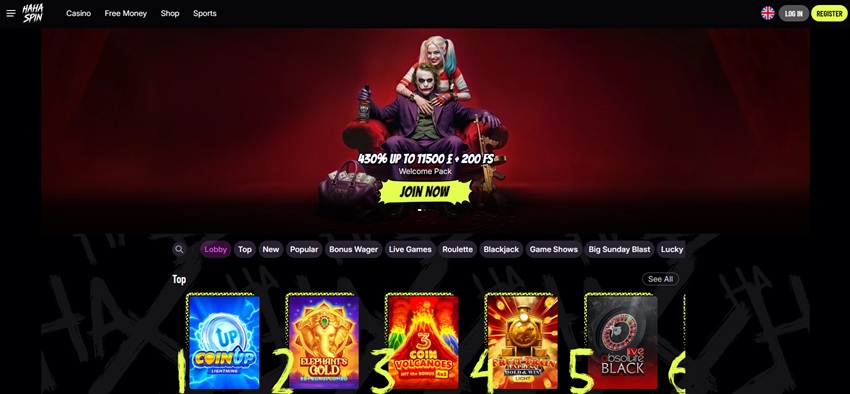 Haha Spin homepage showing Joker themed banner and 820 percent high roller offer in pounds