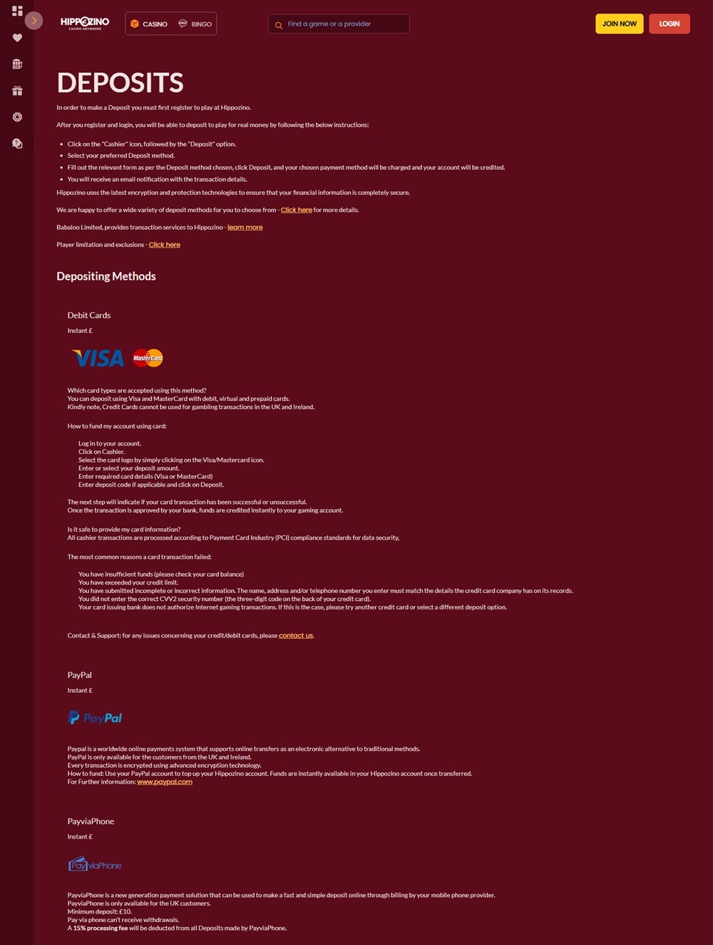 Hippozino deposits page showing payment methods and the 15 percent PayviaPhone processing fee