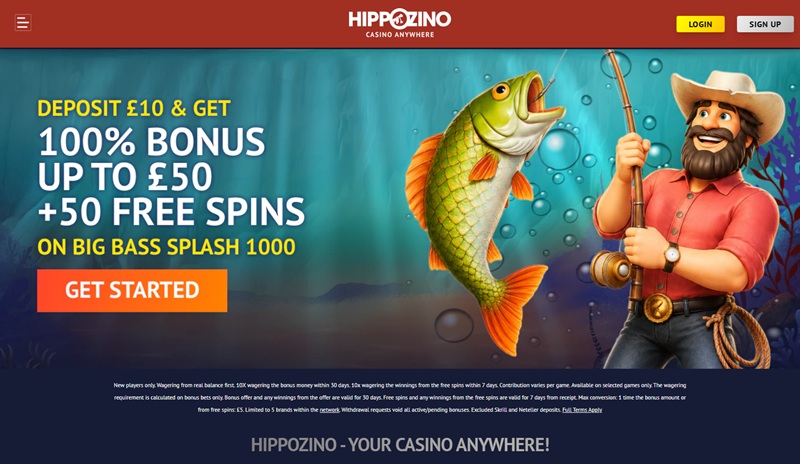 Hippozino homepage showing hippo logo and welcome banner with printed compliant terms