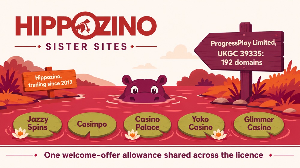 River diagram showing the mostly submerged Hippozino hippo beside lily pads carrying five ProgressPlay sister site names