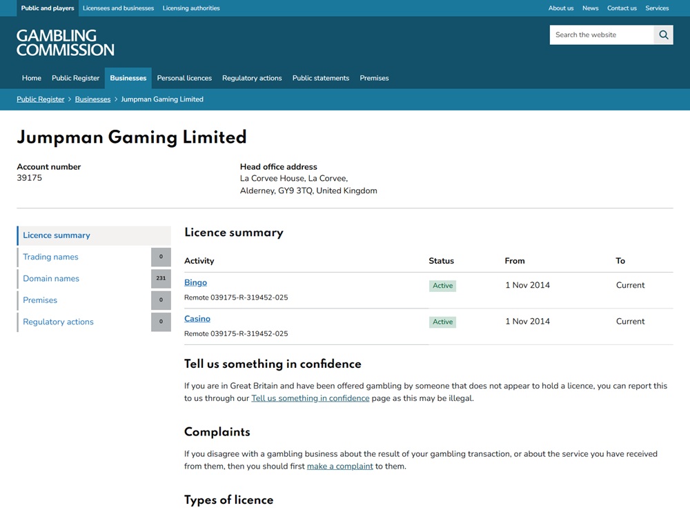 Gambling Commission register entry for Jumpman Gaming Limited account 39175