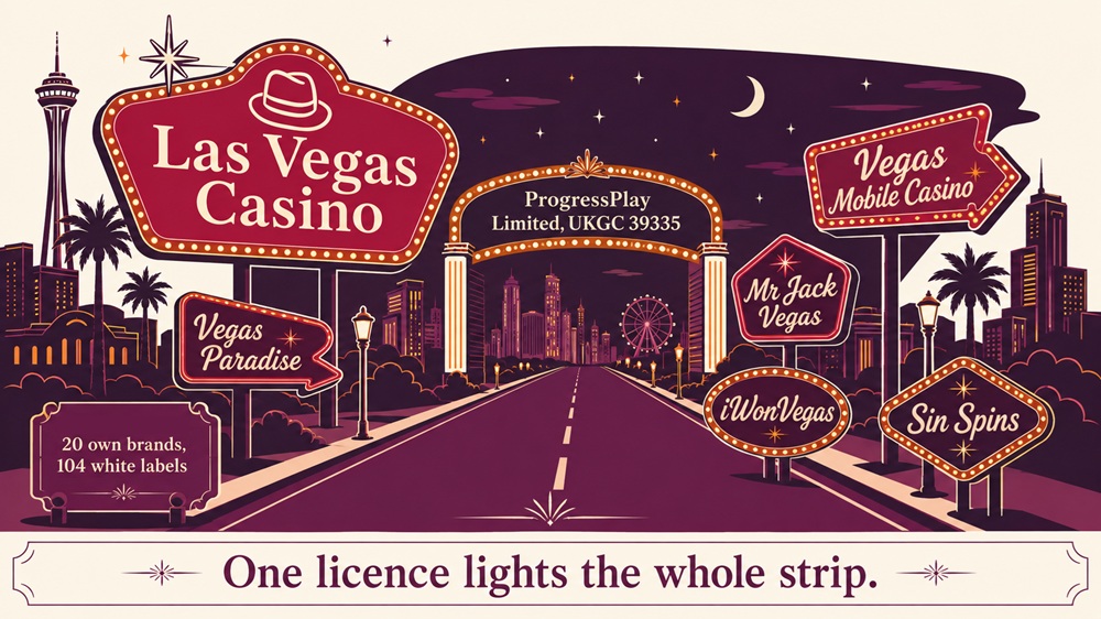 Strip map diagram showing Las Vegas Casino and its Vegas-named sister sites under the ProgressPlay licence