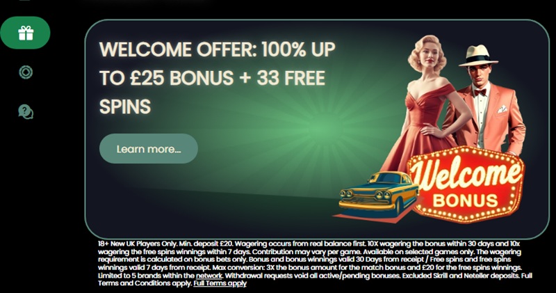 Las Vegas Casino welcome offer tile with 1950s styling and printed terms