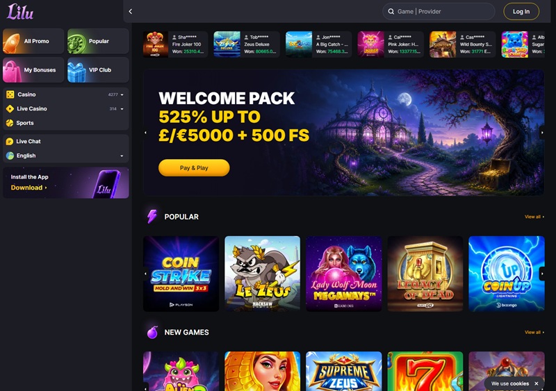 Lilu Bet homepage showing enchanted glade theme and 525 percent welcome banner with games row
