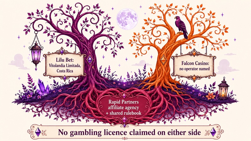 Diagram of Lilu Bet and Falcon Casino as two trees sharing one root system labelled Rapid Partners