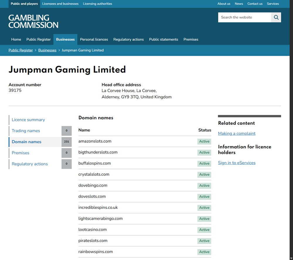 gambling commission register entry for jumpman gaming limited showing lootcasino.com active
