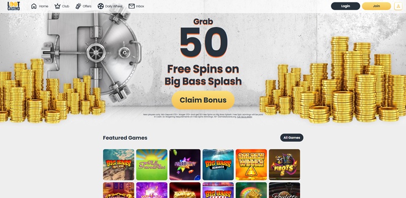 loot casino homepage showing the vault theme and 50 free spins welcome banner