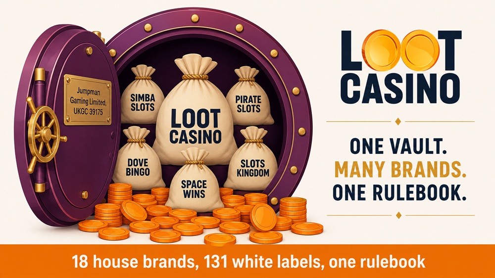 diagram of loot casino and its jumpman sister sites as money bags inside one vault
