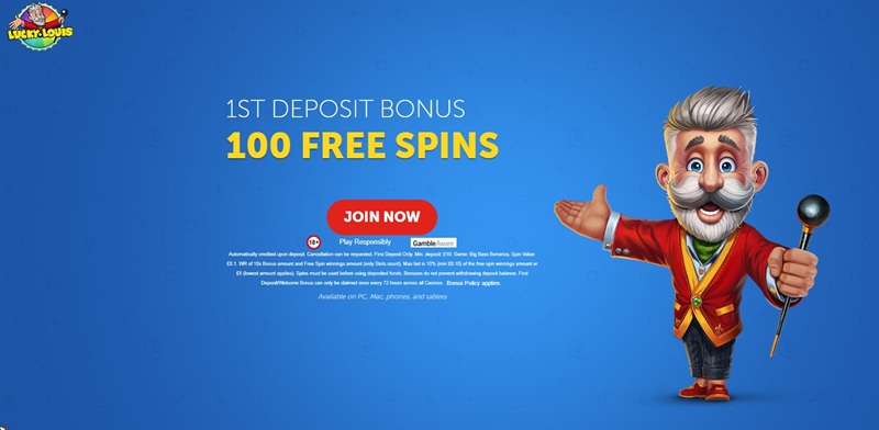 Lucky Louis Casino homepage with the moustachioed Louis mascot presenting the 100 free spins welcome offer
