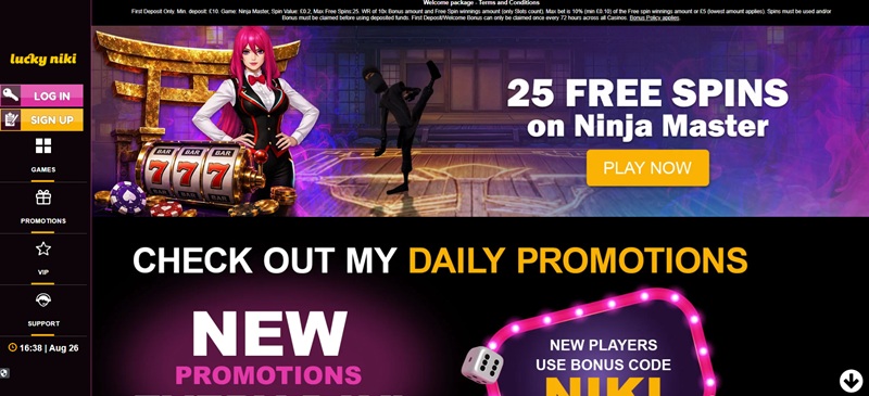 Lucky Niki homepage showing the anime host and 25 free spins welcome banner