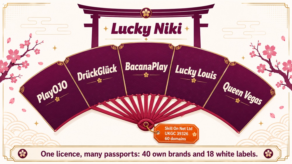 Folding fan diagram showing Lucky Niki's sister sites on the Skill On Net licence