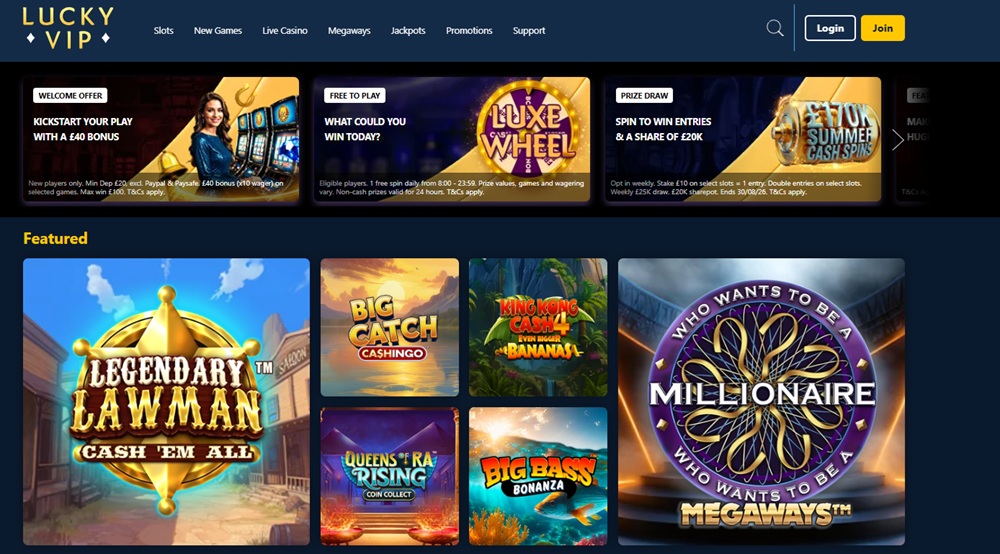 Lucky VIP homepage showing welcome banner with printed terms, Luxe Wheel and featured slots