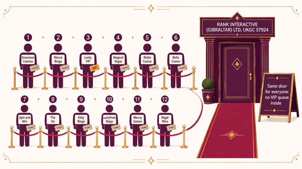 Velvet rope queue diagram showing Lucky VIP and eleven Rank sister brands entering one licensed doorway
