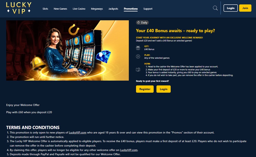 Lucky VIP welcome offer terms showing 600 pound wagering requirement, game contribution table and 100 pound conversion cap