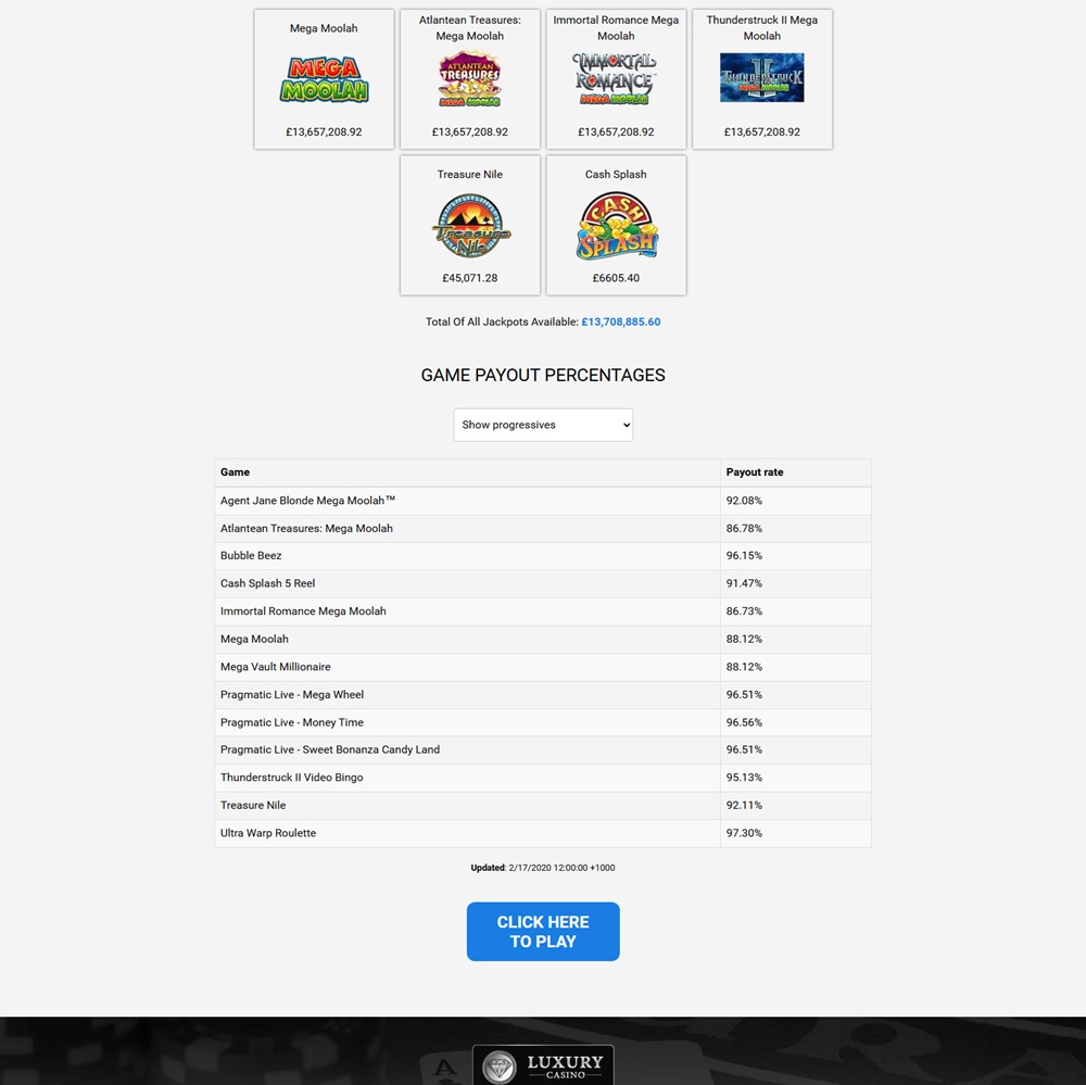 Luxury Casino games page showing live jackpot totals and a payout table dated February 2020