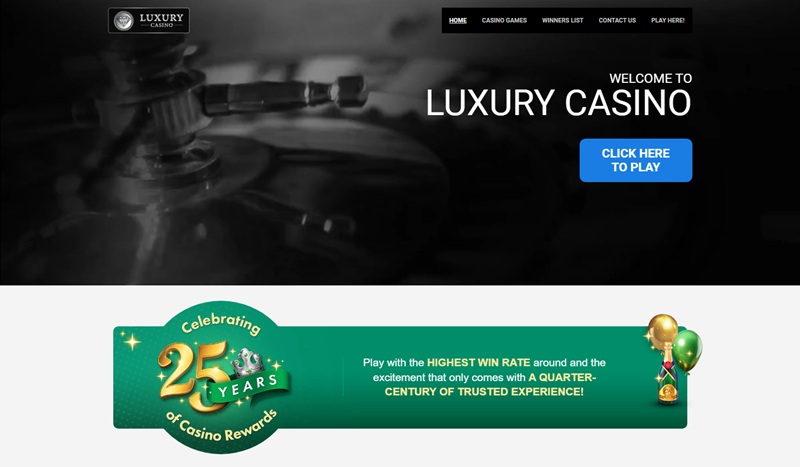 Luxury Casino homepage showing watch mechanism banner and 25 years of Casino Rewards