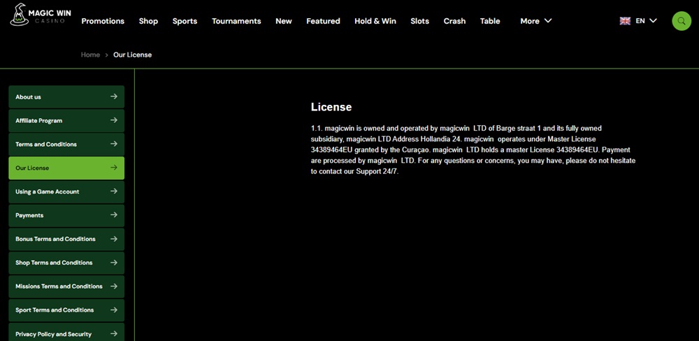 Magic Win Casino licence page with the brand name pasted in lowercase and the network's template licence text