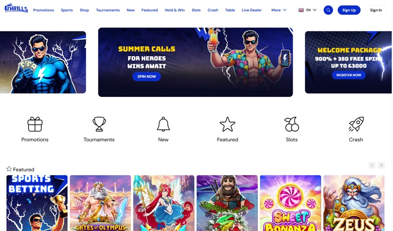 Mr Thrills homepage showing superhero mascot and 900 percent welcome package banner in pounds