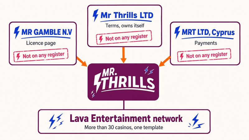 Diagram showing Mr Thrills' three unverifiable company names above the Lava Entertainment network bar