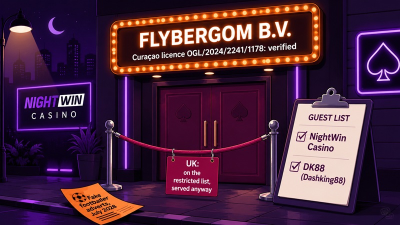 Night club doorway diagram showing Flybergom's verified licence, its two casino brands and its fake advertising record
