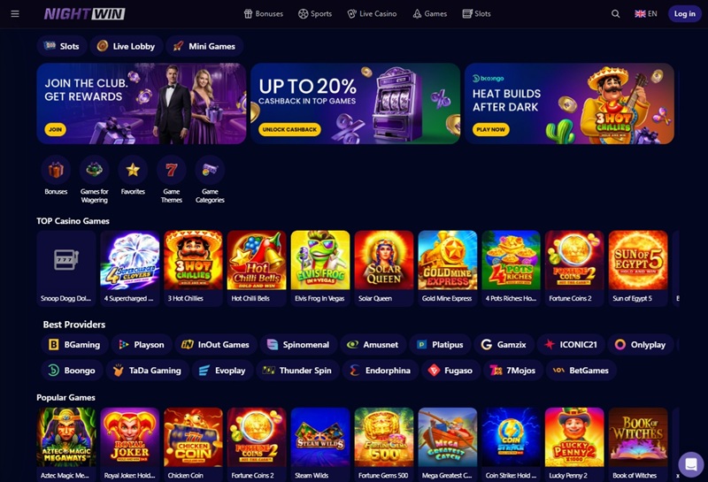 NightWin casino homepage showing bonus tiles and night club tab in phone-style layout