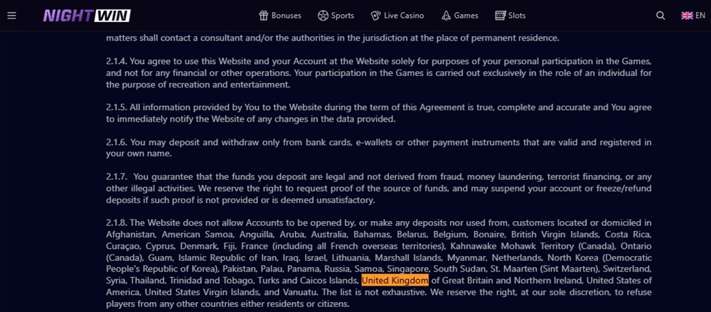 NightWin terms and conditions listing the United Kingdom among countries barred from opening accounts