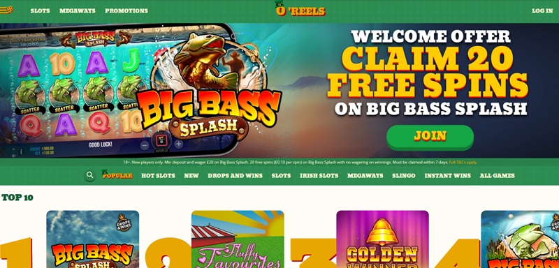 O'Reels Casino homepage advertising 20 wager-free spins on Big Bass Splash