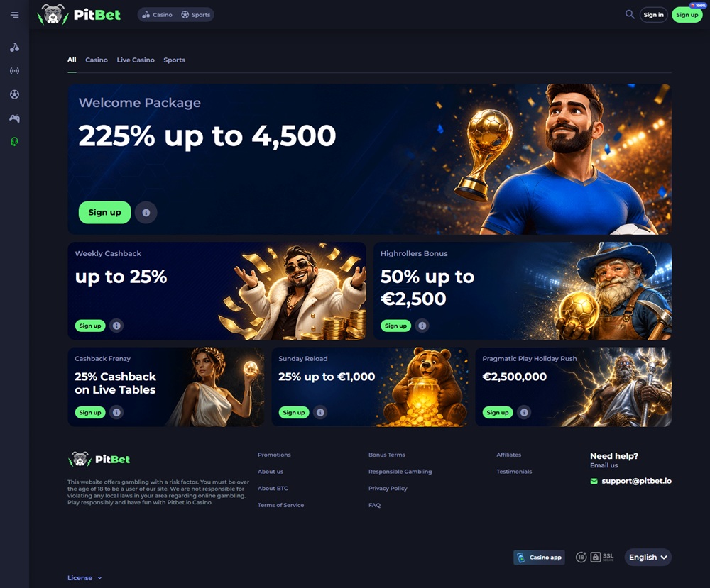 PitBet Casino promotions page showing welcome package and expired Holiday Rush promotion tile