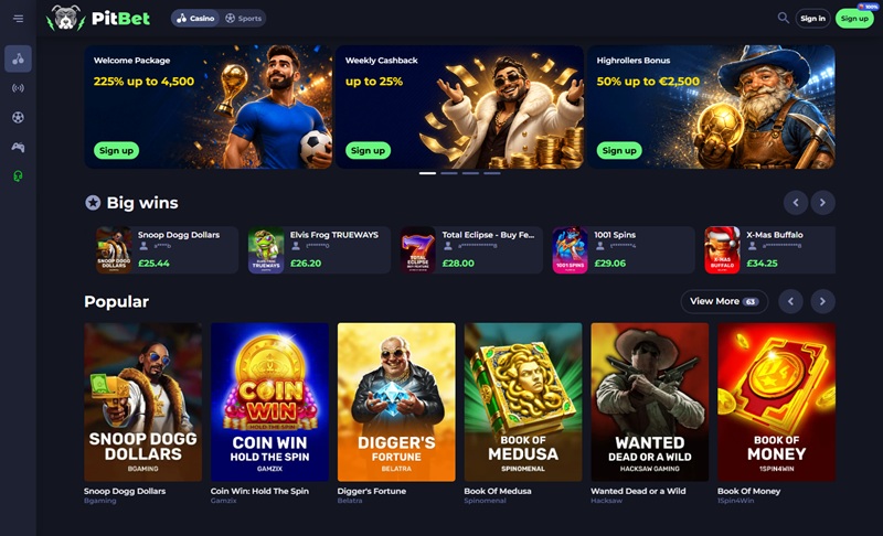 PitBet Casino homepage showing pitbull logo, promotional banners and games grid