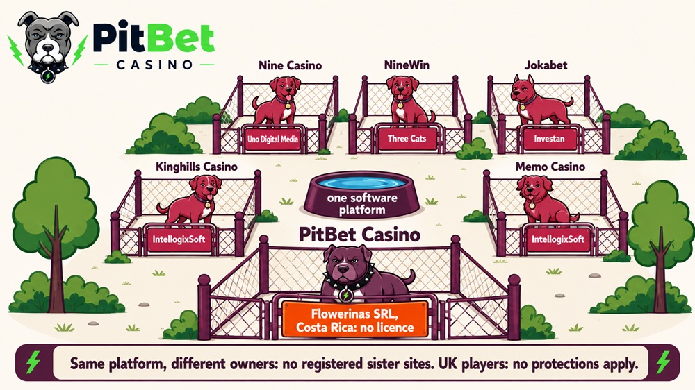 Dog park diagram showing PitBet Casino penned alone under Flowerinas SRL beside platform relatives with different operators